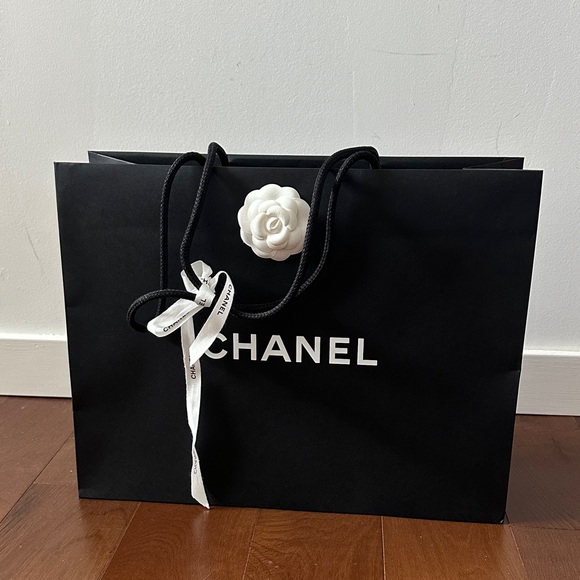 CHANEL Handbags - Authentic CHANEL Black Paper Gift Shopping Bag 17" White Camellia Flower Ribbon